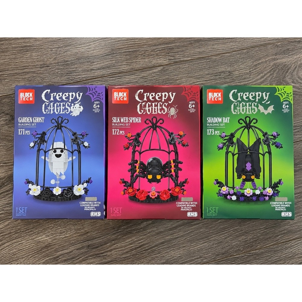Block Tech Creepy Cages Building Set Ghost Spider Bat 3 Pack Halloween Craft